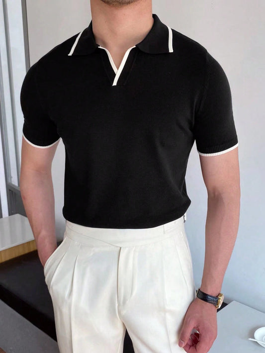 Men's Knitted Short Sleeve Polo with Contrast Trim – Casual Collar Top-Free Shipping