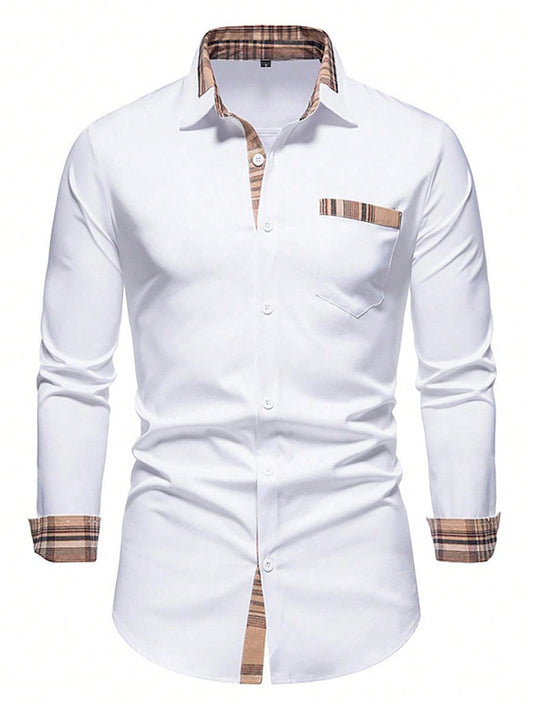 Fashionable Men’s Long Sleeve Shirt - Contrast Plaid Trim Detail-Free Shipping
